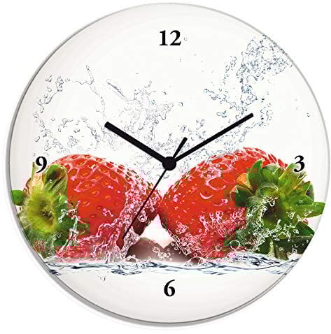 ARTLAND Wanddeko Wanduhr ohne Tickgeräusche Glas Quarzuhr Ø 30 cm Rund Lautlos Obst Früchte Erdbeere im Wasser Frucht Modern Food T5SP