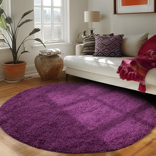 Carpettex Hochflor Teppich Wohnzimmer 200 cm Rund Violett - Flauschiger Teppich Extra Weich und Pflegeleicht - Shaggy Teppich Modern Einfarbig Design - Teppich für Schlafzimmer, Esszimmer und Küche
