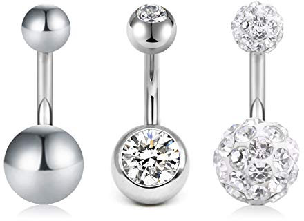 VFUN 3 Stück 14G 8mm klar Kristal CZ Chirurgenstahl Kurz Bauchnabelpiercing Bananabell Piercing Bauchnabel Ringe Piercing Damen Herren - Silber