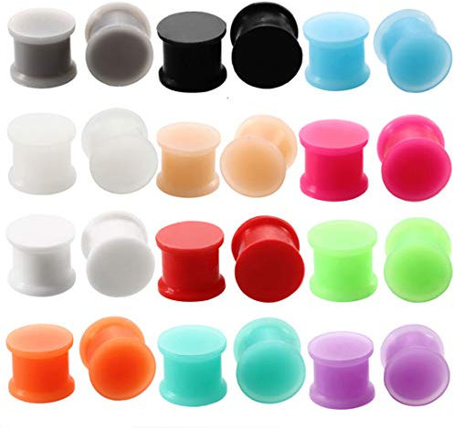 HuaCan Flesh Tunnel Silikon Set - 24 Stück Ultra-Soft Voll-Silikon Klassisch Rein Farbenspiel Double Flared Tunnel oder Plug Punk Unisex 6mm-14mm