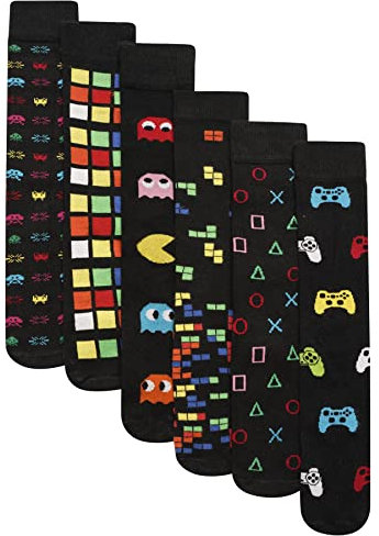 Mens 6 Pack Retro Games Socks Cotton Rich Designer Socks, Multi, UK 6-11 (EU 39-45) MENS