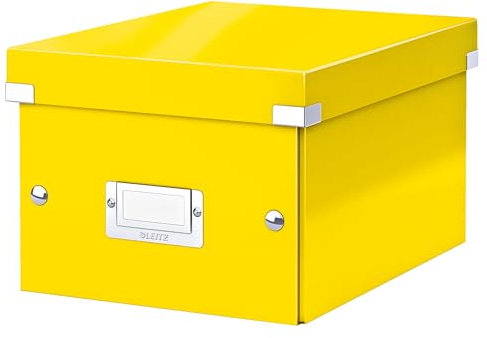 Leitz Click & Store Aufbewahrungsbox mit Deckel Klein, Box für Unterlagen bis A5 im Büro u. Haushalt, Transportbox aus 84% recycelter Premium-Hartpappe, Etikettenhalter, Gelb, 60430016