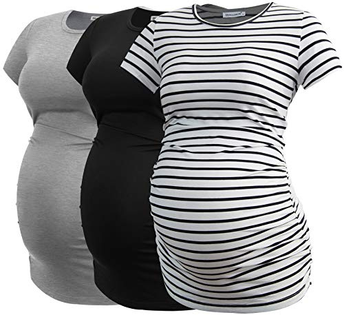 Smallshow Maternity Clothing Tops Side Ruched Pregnancy Clothes for Women 3-Pack Black/Grey/White Stripe L