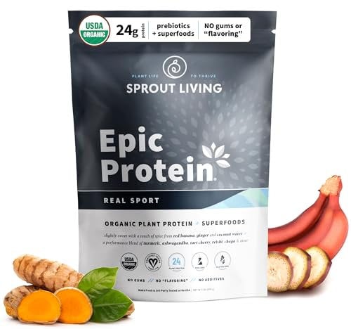 Sprout Living, Epic Protein, Plant Based Protein & Superfoods Powder, Real Sport | 24 Grams Organic Protein Powder, Recovery, Vegan, Non Dairy, Non-GMO, Gluten Free, Low Sugar (1.1 Pound, 13 Servings)