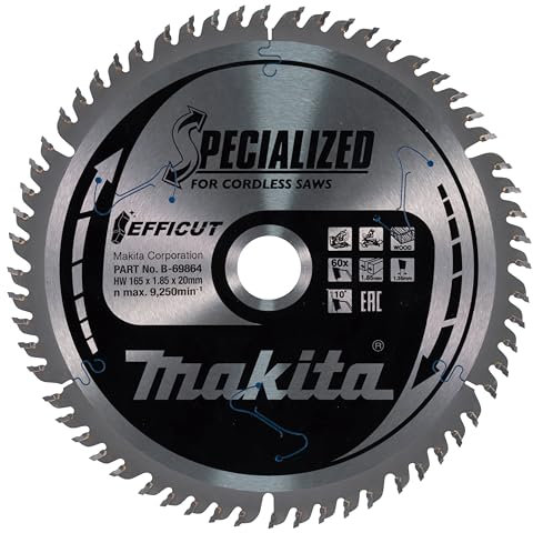 Makita B-69864 EFFICUT Kreissägeblatt Ø 165 x 1,85 x 20 mm, 60 Zähne, 10° Zahnwinkel, für saubere und schnelle Schnitte in Holz, für Akku-Kapp- und Gehrungssägen
