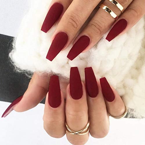 Brishow Cercueil faux ongles, mat ballerine faux ongles, couleur pure acrylique presse sur ongles 24 pièces pour femmes et filles (Rouge)