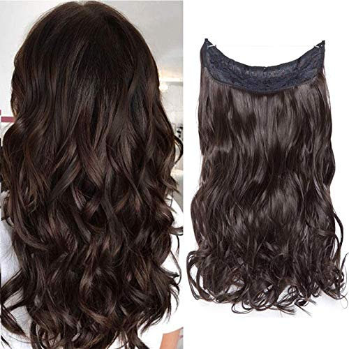 Silk-co Haarverlängerung mit Gummiband, Einstellbar Secrets Haarteil Synthetik, Extensions mit Schnur unsichtbar, Gewellt Extensions für Frauen, Dunkelbraun, 50cm