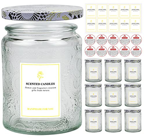 Creahaus Lot de 9 pots à bougies en relief de 250 ml pour la fabrication de bougies, récipients vides en verre avec couvercles en étain et étiquette autocollante, étiquette d'avertissement pour la