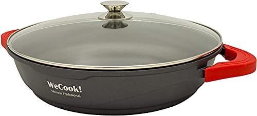 WECOOK! Ecostone Cazuela Baja Inducción con Tapa de Cristal 40cm, Antiadherente XTRA DUPON Ecológico sin PFOA, Aluminio Fundido, 5mm Espesor, 7,5cm Alto, Asas Silicona, Vitrocerámica, Gas