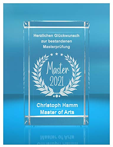 ELUNO 3D Glasquader | Master + Jahreszahl | Glückwunsch mit Wunschtext |Geschenk zur Masterprüfung
