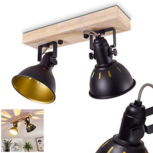 Lampada a soffitto Tina, faretto a soffitto a 2 luci in metallo in nero-oro e legno, lampada a soffitto retrò, 2 x E14, le teste delle lampade possono essere ruotate e orientate, senza lampadina/e