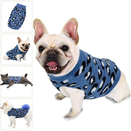 Hund Pullover Klein Hunde Pullis Sweater für Katzen Chihuahua Kleidung Bulldogge Hundepullover Keleine Mittel Grosse Katze Welpen Hundepulli Leopard Blau XL