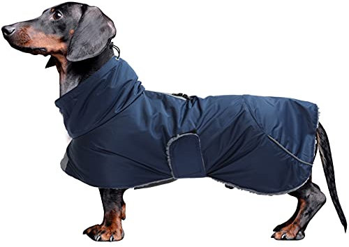 MOREZI Hundejacke ist eine wasserdichte, mit Fleece gefütterte Hundewinterjacke mit verstellbarem Gürtel und Reflexbesatz, geeignet für Dackel und ähnliche Rassen-Navy blau-L