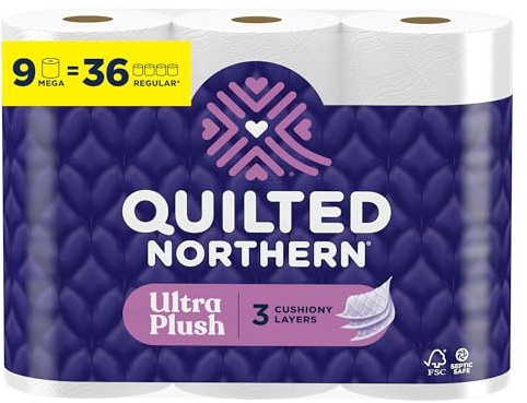 Quilted Northern Ultra Plush Toilet Paper, 9 Mega Rolls = 36 Regular Rolls, 3X Thicker*, 3 Ply Soft Toilet Tissue