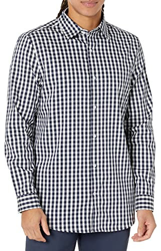 Amazon Essentials Men's Regular Fit Long Sleeve Wrinkle Resistant Stretch Dress Shirt, White Gingham, XL