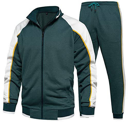 amropi Herren Trainingsanzug Jogginganzug Sportanzug Sweatjacke und Sportshose Sportbekleidung Grün Weiß,L