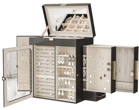 HOOBRO Schmuckschatulle mit Spiegel, Schmuckaufbewahrung, Schmuckkästchen Reise, Schmuck Organizer mit Glasfenster, vertikale Aufbewahrung, für Ohrringe, Ringe, Halsketten, Schwarz EBK03JB04G2