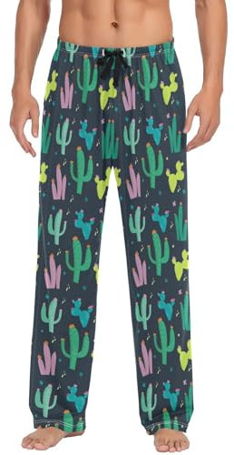 ODAWA Pyjamahose für Herren, trendige, illustrierte Schlafloungehose mit Taschen, lange Pyjamahose, Kaktus auf dunklem Hintergrund, Large
