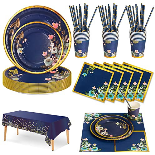Nkaiso 126pcs Fleur Bleue Thème Party Vaisselle,Kit Vaisselles Anniversaire Assiette Dîner Papier Tasse Serviette, Enfants Party Fête Mariages Baby Shower Noël -25 invités