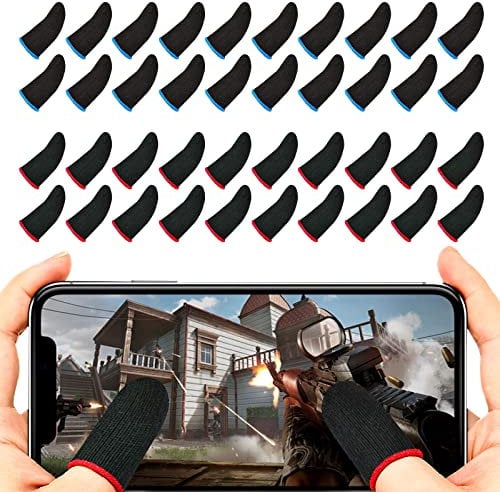 TSHAOUN 40 Pcs Doigtier de Jeu Mobile, Bout de Doigts de Jeu Professionnels Doigtiers Gamer Gants Anti-Transpiration Respirants pour Écran Tactile, Contrôleur de Jeu Mobile pour Adultes (Bleu,Rouge)