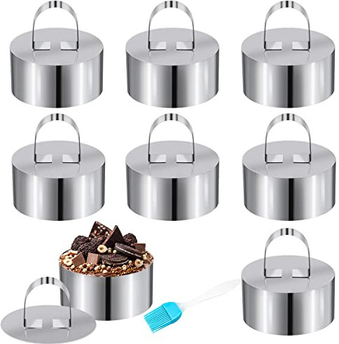 Dessertringe Speiseringe Servierringe Edelstahl Kuchenringe Set Kuchenring Formen mit Pusher Silikonbürste für Hausgemacht Kochen Backen Mousse Desserts Pfannkuchen Eier Muffins 8cm x 4 cm 8 Stück