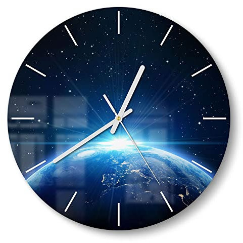 DEQORI Glasuhr | rund Ø 30 cm | Motiv Sonnenaufgang im All | ausgefallene leise Design Uhr aus Glas | Wanduhr für Wohnzimmer & Küche | Moderne Hingucker Uhr für die Wand