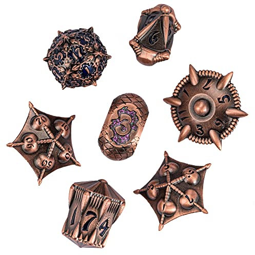 Cusdie Set di 7 dadi in metallo per DND, design drago, poliedrici, per giochi di ruolo, D&D (rame antico con numeri blu)