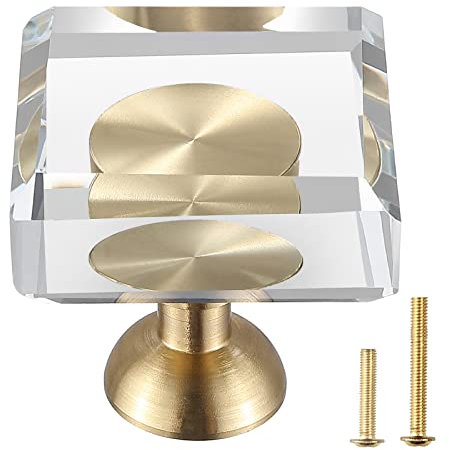 Guank 12-Pack 1-1/4-Inch White Cabinet Glass Crystal knobs Brass Drawer Round Knobs Dresser Pulls, Gold Hardware Kitchen Closet knobs for Bifold Doors (Square-1.2inch, 12-Pack)