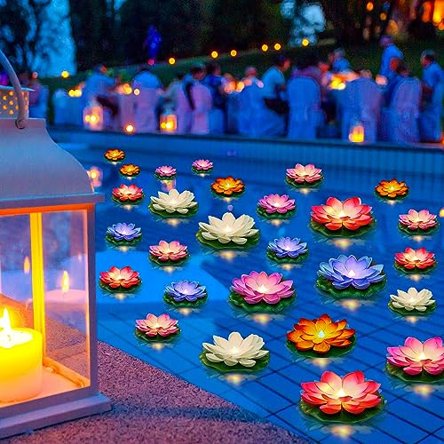 Liliful 36 Stück schwimmende Lotus-Laternen, künstliche Lilien-Pads mit LED-Lichtern, batteriebetrieben für Pool, Party, Garten und Teich, Sommerdekoration (10 cm, 15 cm, satte Farbe)