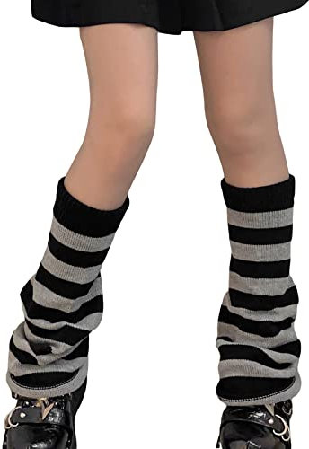Women Stripe Leg Warmers Knit Long Socks Lolita Loose High Socks Japanese Kawaii Boot Socks Y2k Goth accessories (Black Grey, One Size)