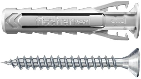 fischer - Tacos de expansión de Nailon SX Plus de 5 x 25 cm con Cuello y Tornillos, Todos los Materiales/blíster de 20 Unidades