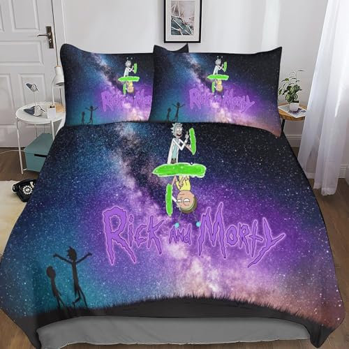 BARDYS Rick Morty Bettwäsche Set Mit Weiche Mikrofaser,Kinder Jugendliche Erwachsene Animation Cartoon 3D Gedruckte Bettbezüge Weiche Bettbezug Und Mit Reißverschluss Kissenbezug Double(200x200cm)