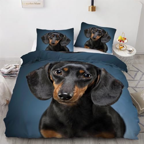 ROUSKI Bettwäsche Dackel 135x200 cm 2teilig 100% Mikrofaser Kinderbettwäsche Süßer Dackel Wendebettwäsche mit Reißverschluss 3D Motiv Zimmer Dekor Bettwäsche-Sets mit Kissenbezüge 80x80