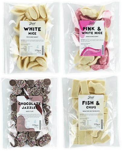 Just Treats Sweet Quartet - White Choc Mice, Pink & White Mice, Choc Jazzles & Fish n Chips (4 x 175g Bags) - 5,8,23,31