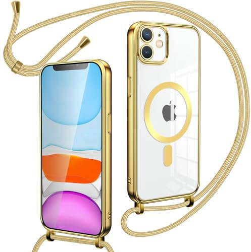 Oelrstfe Collier Coque avec Cordon pour iPhone 11, Transparent Réglable Étui Chain Chaine Housse de Souple Silicone Antichoc Etui Bandouliere Laniere pour iPhone 11 - Or