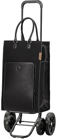 ANDERSEN Einkaufstrolley - Quattro Shopper Charu schwarz | mit 4 Rädern, höhenverstellbar, schieb- und ziehbar, bis 50 kg - Tasche aus Baumwolle, mit Leder, Innenfach, 49 L