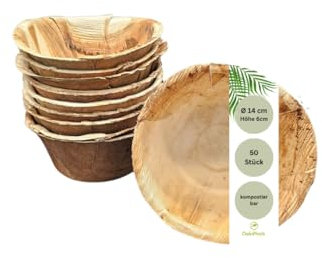 DeinPack Lot de 50 bols ronds en feuilles de palmier - 500 ml - Diamètre : 14 cm - Vaisselle jetable - Biodégradable - Vaisselle jetable - Saladier compostable - Bol à salade