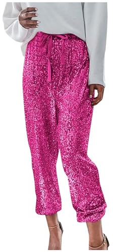 Duohropke Pailettenhose Damen Gold Pailletten Hose Damen Silber-Freizeithose Elegant Sommmerhose Baggy Jogginghose Glitzer-Hose Mit Tunnelzug Party-Hosen Disco Mode Pants Vintage Tanzhosen