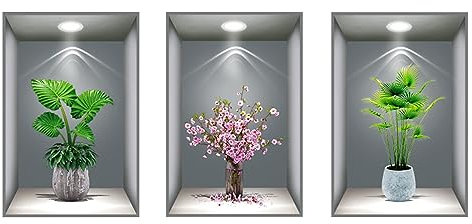 GDWD Lot de 3 stickers muraux 3D - Motif vases - Plantes vertes - Décoration murale pour salon, chambre à coucher, salle de bain, cuisine, bureau - 40 x 60 cm C