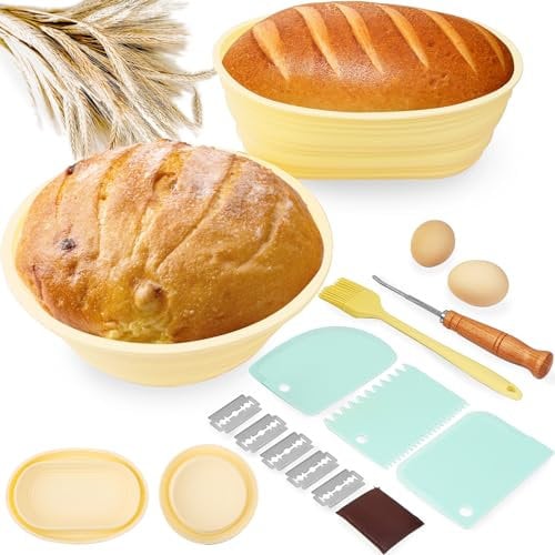 WALLFID Bread Proofing Basket Set,Silicone Folding Sourdough Proving Basket,Round and Oval Proving Basket,sourdough starter kit,Includes Silicone Brush,Wood Rake Cutter,Plastic Scraper