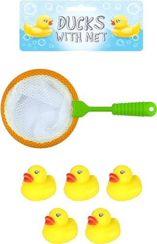 5 Mini Yellow Rubber Ducks with Fishing Net, Baby Toddler Bath Toy, Great for Paddling Pool Games and Bathtub Play