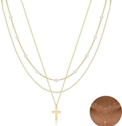 SpetngSake Kreuz Kette Gold Damen, Layering Mit Anhänger, Perlen-Kreuz-Halskette für Sich Selbst, Familie, Freunde, Liebhaber
