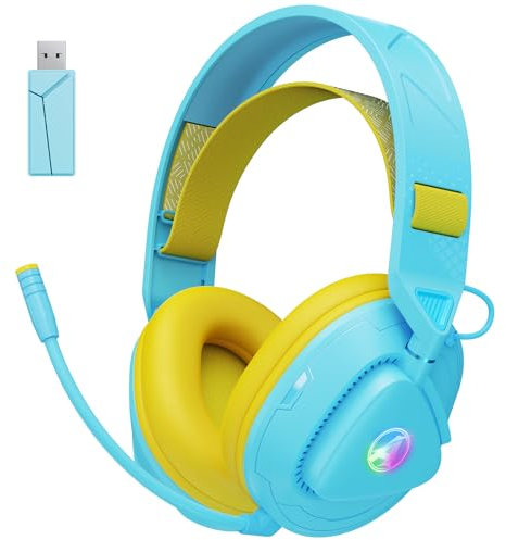 Awinnasey PH3 Wireless Gaming Headphones with Microphone for PS5, PS4, Switch, PC, Noise Cancelling Bluetooth Gaming Headset with Lossless Audio, 2.4GHz Wireless Headset, 50Hrs Battery, Yellow Blue