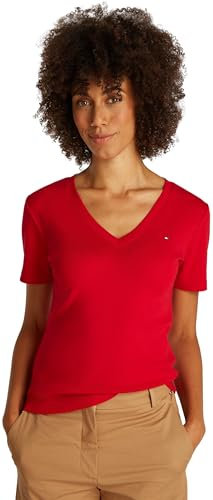 Tommy Hilfiger Camiseta de Manga Corta para Mujer New Slim Cody V-Neck con Cuello de Pico, Rojo (Primary Red), L
