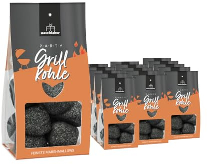 Grillkohle Marshmallow | Party Grill-Kohle | Mitbringsel zum Grillen | Geschenkverpackung mit Marshmallows | Lustige Marshmallows in Form von Grillkohle