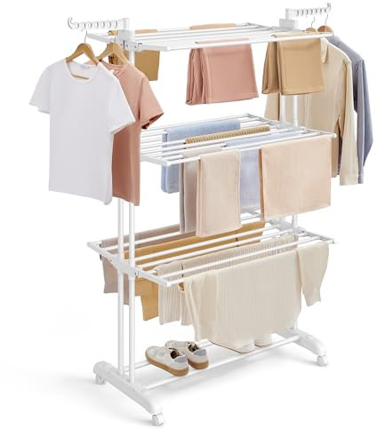 SONGMICS Wäscheständer mit 4 Ebenen, Faltbar, Edelstahl, Rollen, Stabil, Einfach zu Montieren, für Drinnen und Draußen, Wolkenweiß