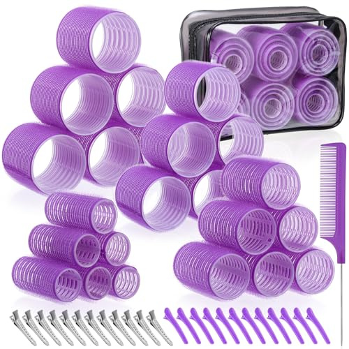 obeoby Lockenwickler in 4 Größen, 50 Stück, Jumbo-Lockenwickler, 25 mm, 36 mm, 48 mm, 60 mm, selbsthaftende Lockenwickler mit Clips, Lockenwickler für langes/kurzes Haar, Lila