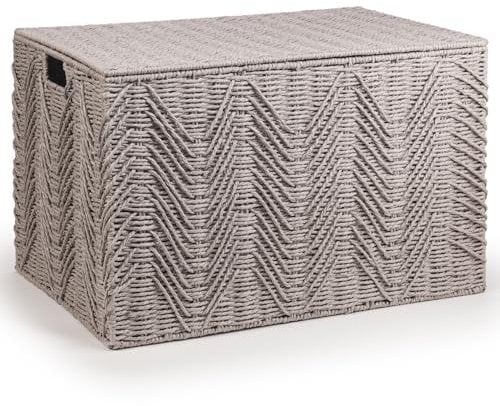 Woodluv Storage Basket Trunk Chest, Woven Storage Basket with Lid, Storage organiser, Basket Storage Bedding, Blanket & Toy Box, Large - Grey
