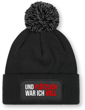 Prozente Momente Und plötzlich war ich voll – Beanie mit Bommel | Strickmütze | Wollmütze | Beanie mit Druck | lustige Sprüche | Apres-Ski | Winter | Schwarz