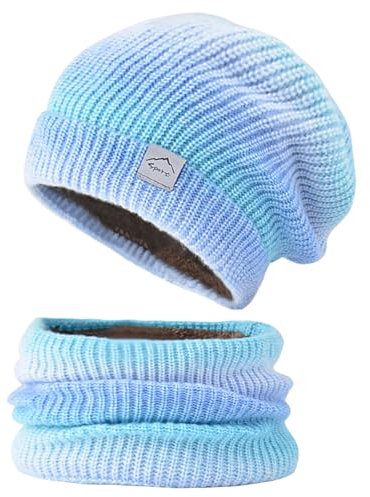 TUONYIS 2 Stück Damen Wintermütze Strickmütze mit Schal, Beanie Mütze Schlauchschal Set, Warme Mütze Beanie Herbst Winter Schal und Mütze Set, Bommelmütze,56-60CM (Farbverlauf Blau)